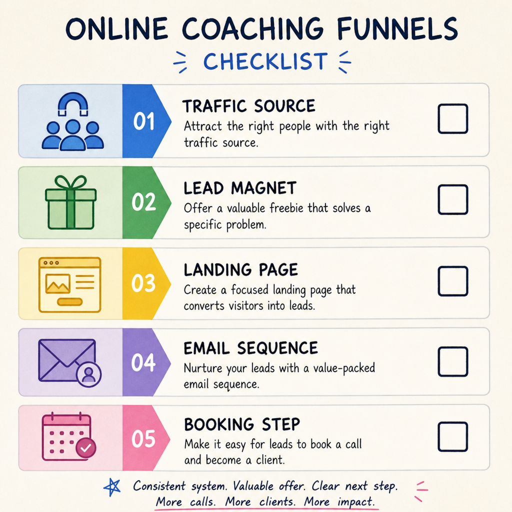 Online coaching funnels checklist showing traffic source, lead magnet, landing page, email sequence, and booking step