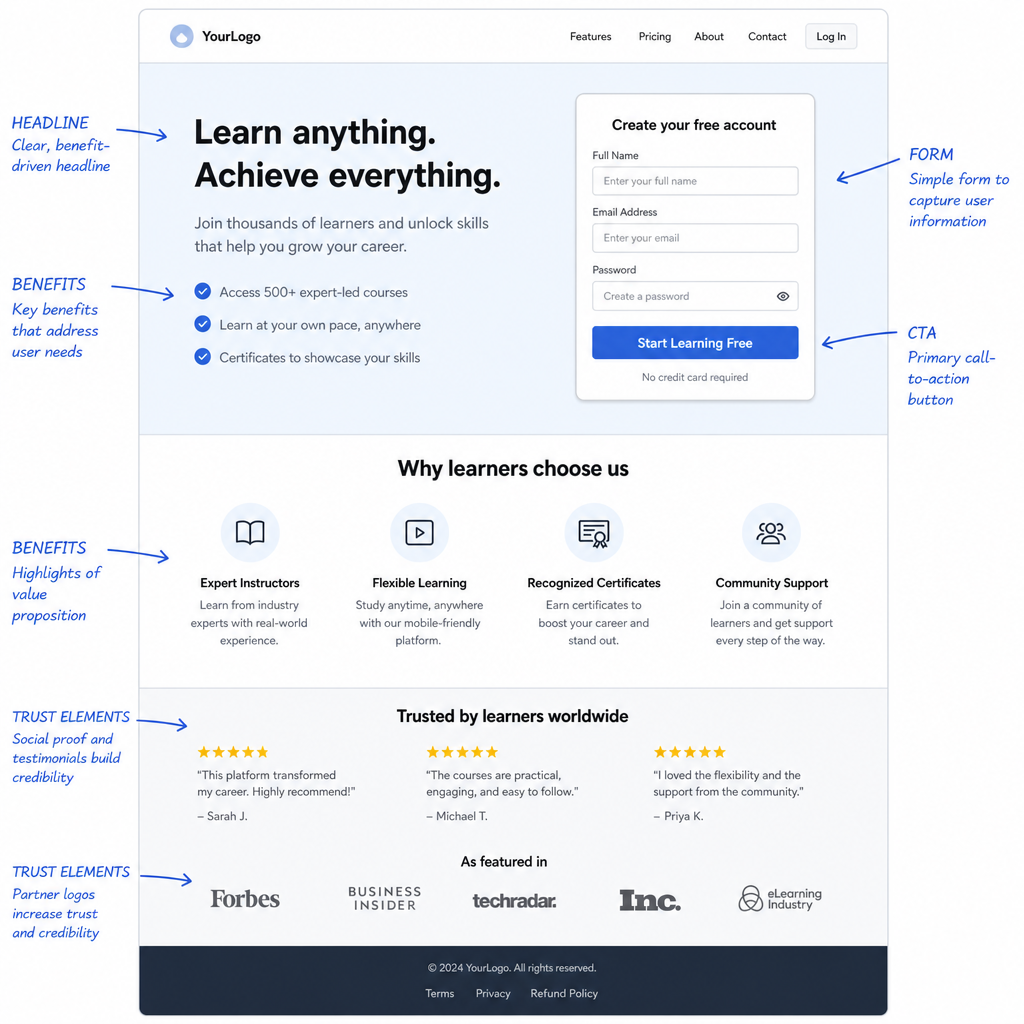Annotated landing page layout showing headline, form, CTA, benefits, and trust elements