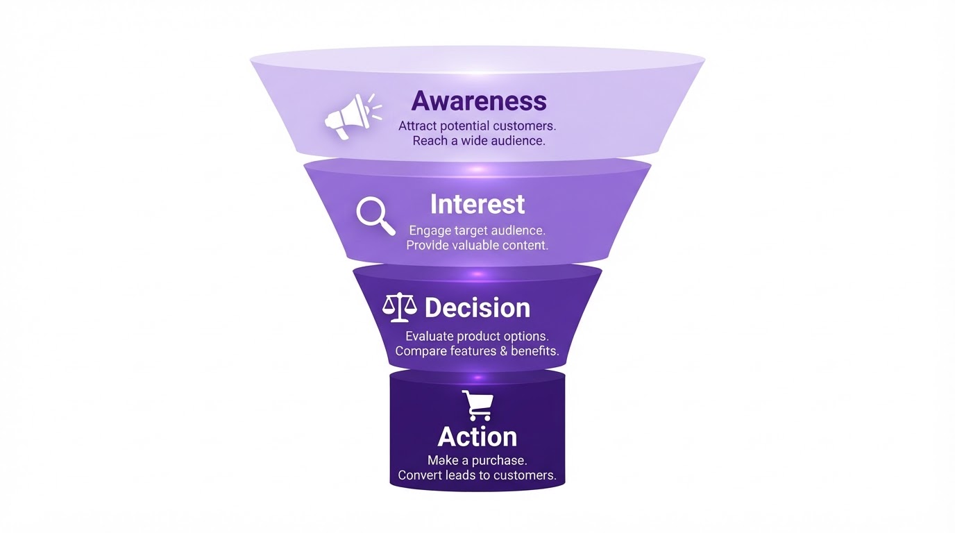 Sales funnel diagram showing the four stages: awareness, interest, decision, and action