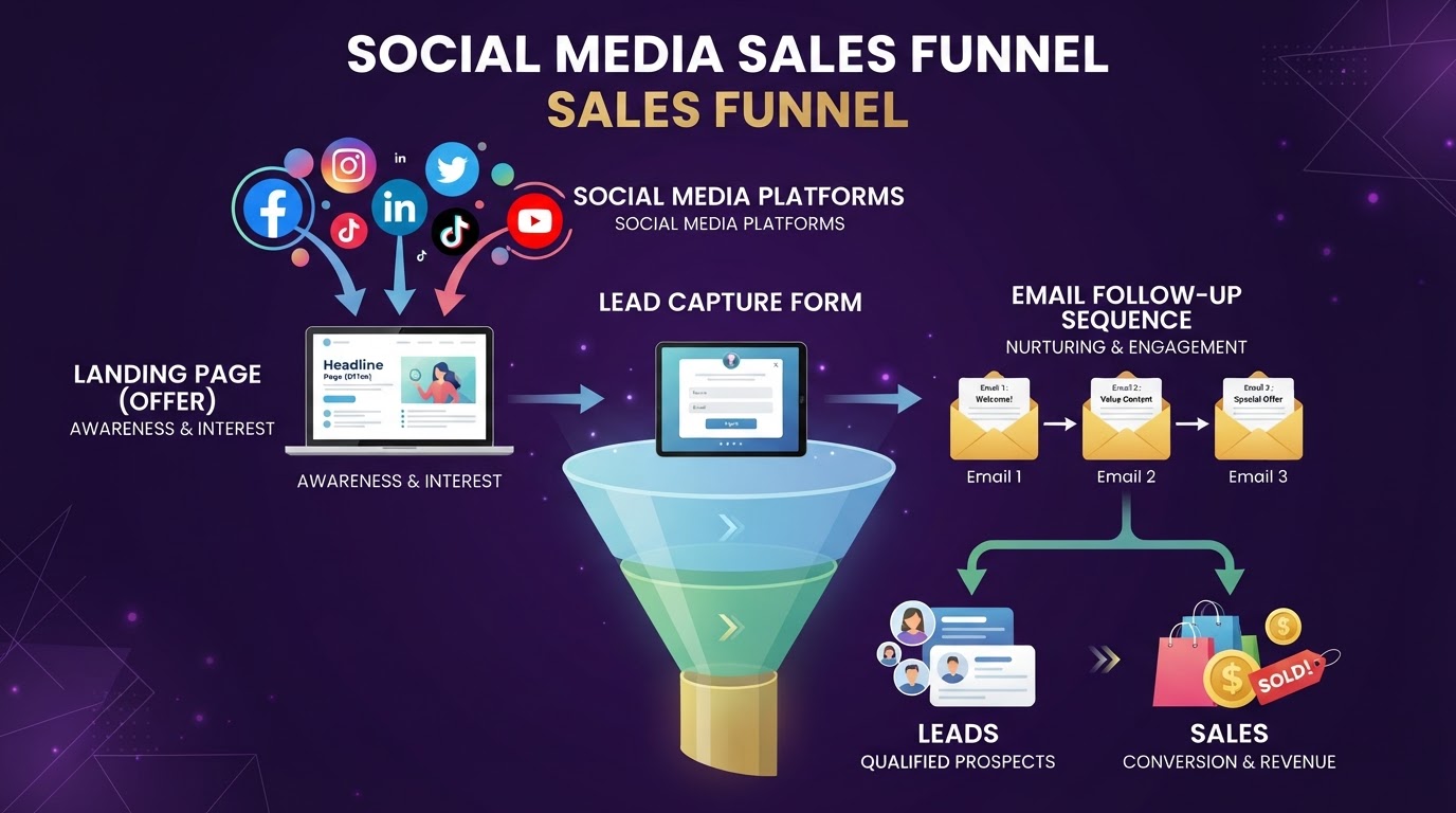 Simple social media sales funnel diagram showing traffic flowing to landing page, lead capture, follow-up, and conversion