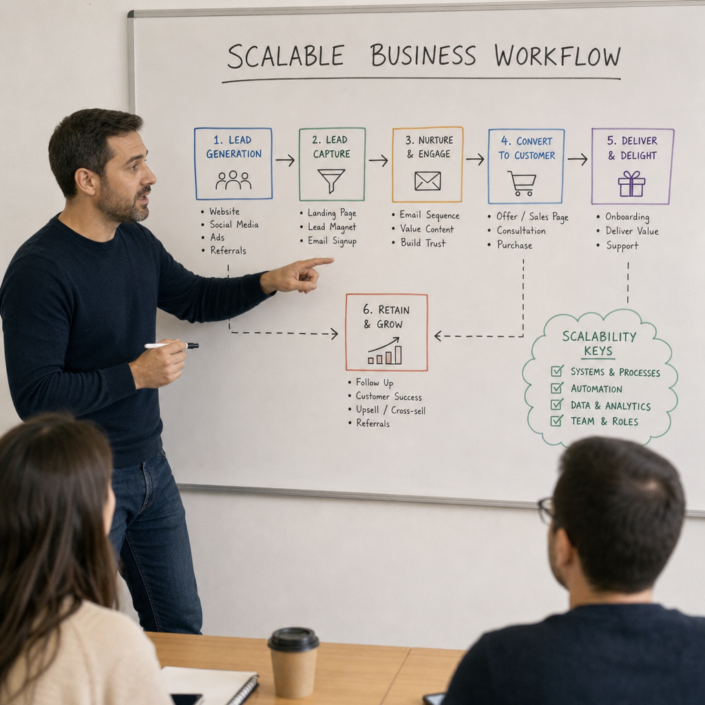 scalable business workflow diagram mapping scalable products, automated lead capture, sales, delivery, and scalability keys