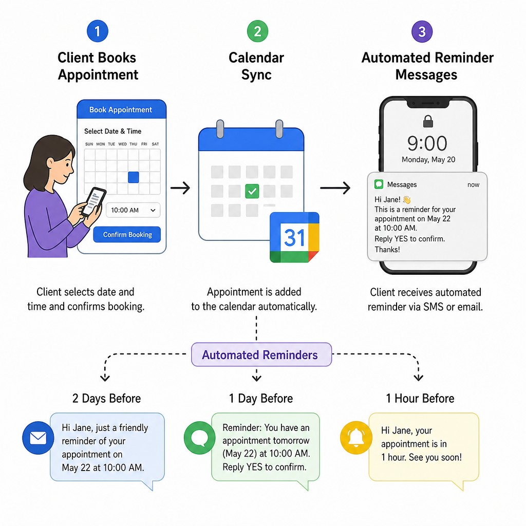 Diagram showing client booking, calendar sync, and automated reminder messages