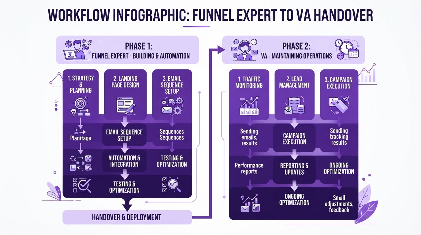 Workflow showing funnel automation expert building systems before VA maintenance