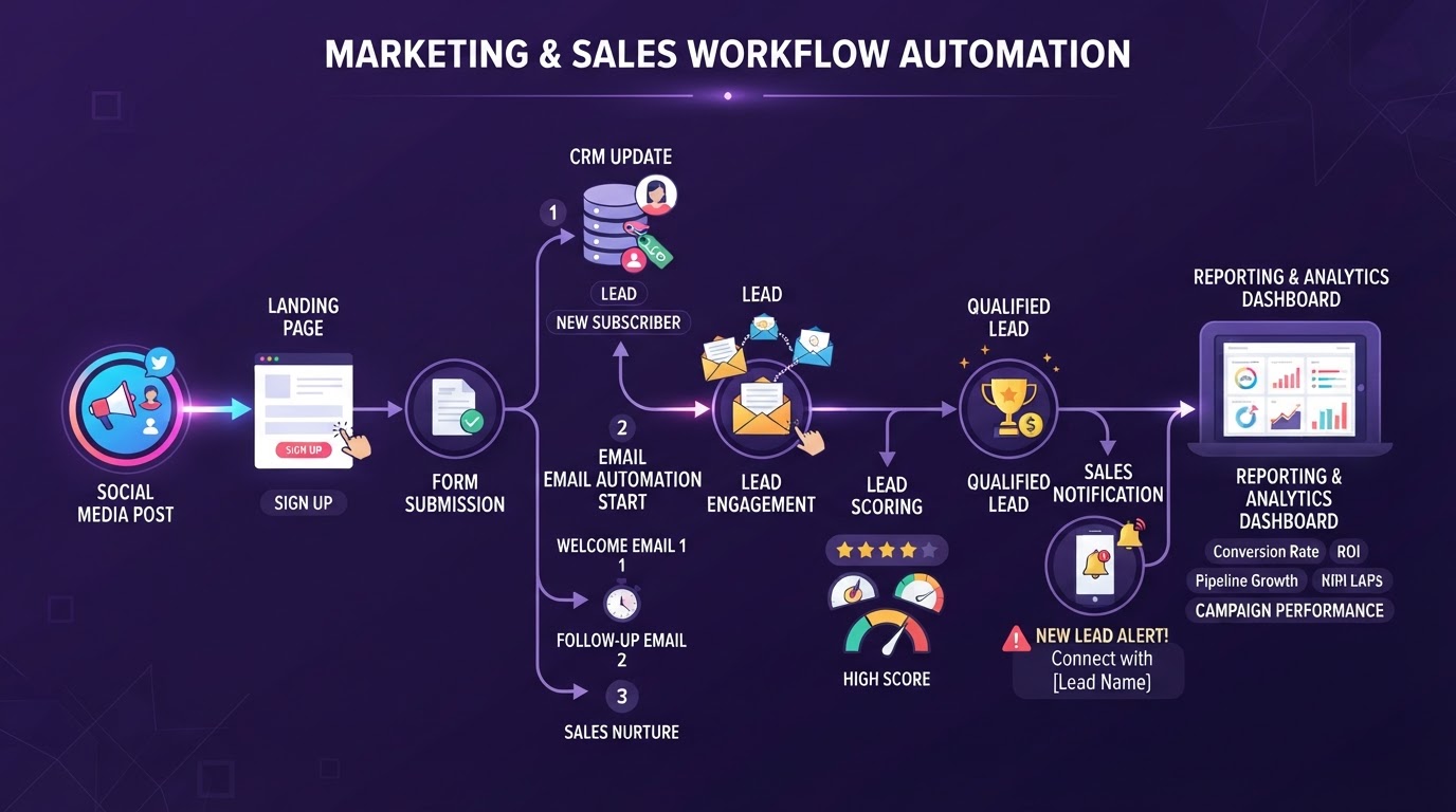 Workflow and automation map showing social post, landing page form, CRM tag, email sequence, sales notification, and reporting dashboard