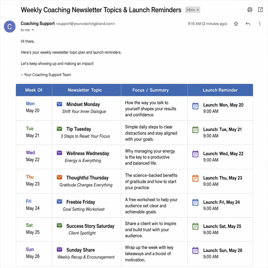 Email calendar showing weekly coaching newsletter topics and launch reminders