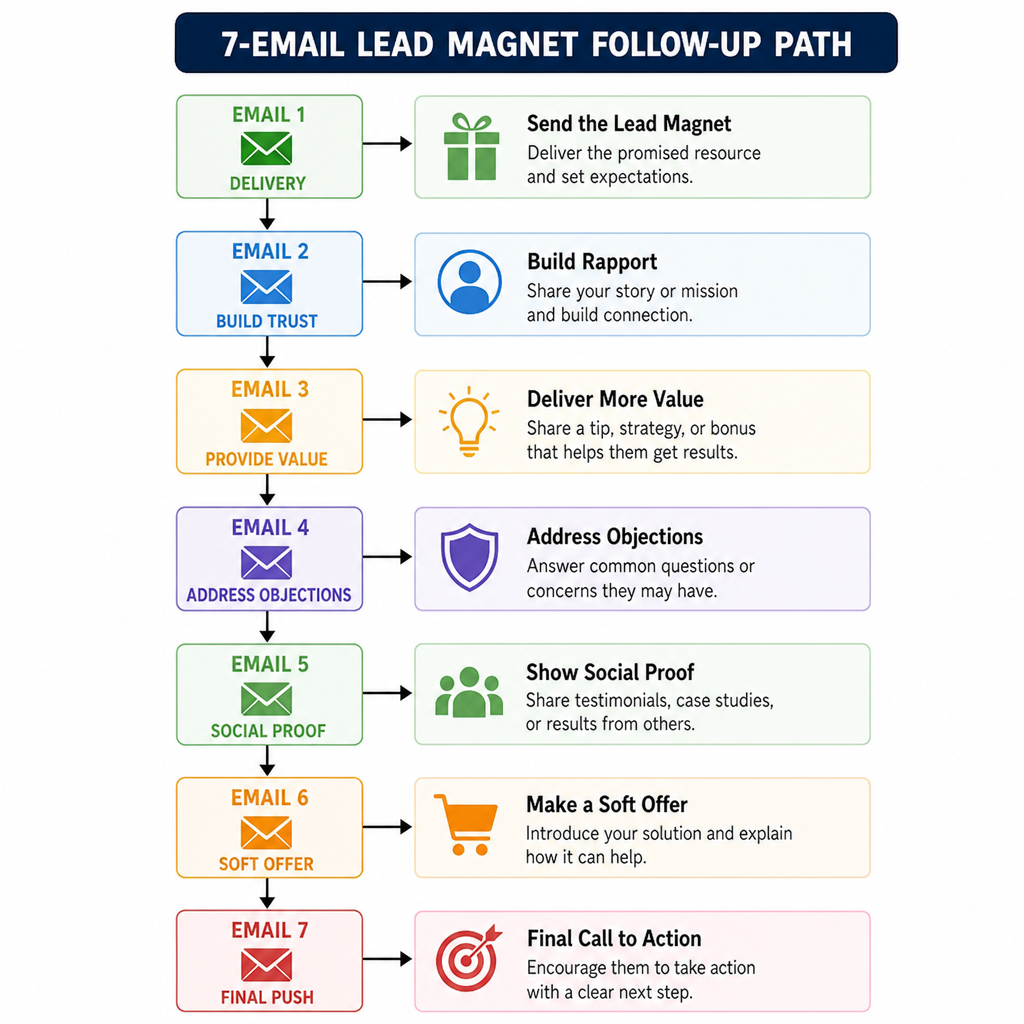 Framework diagram showing a seven-email lead magnet follow-up path