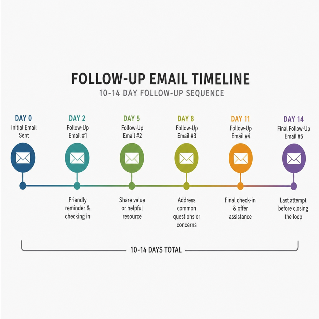 Timeline graphic showing follow-up emails sent over ten to fourteen days