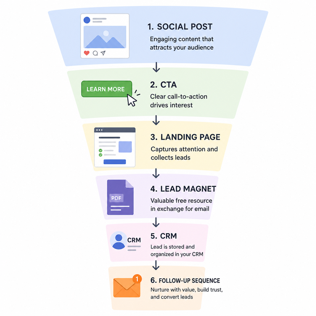 Funnel diagram showing social post, CTA, landing page, lead magnet, CRM, and follow-up sequence