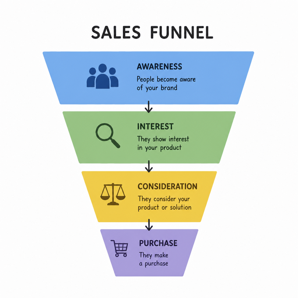Diagram of a simple sales funnel from awareness to purchase