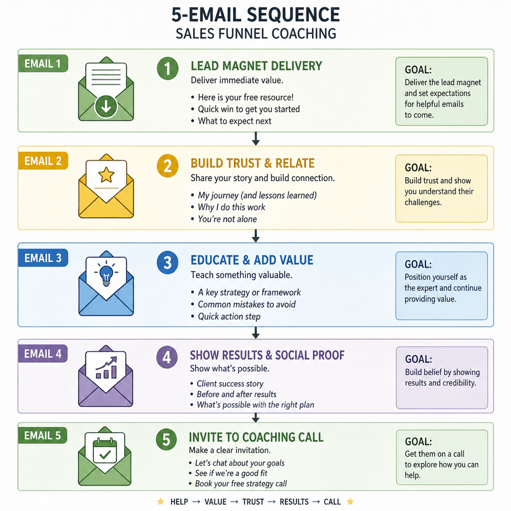 Email sequence visual for sales funnel coaching showing five emails from lead magnet delivery to coaching call invitation
