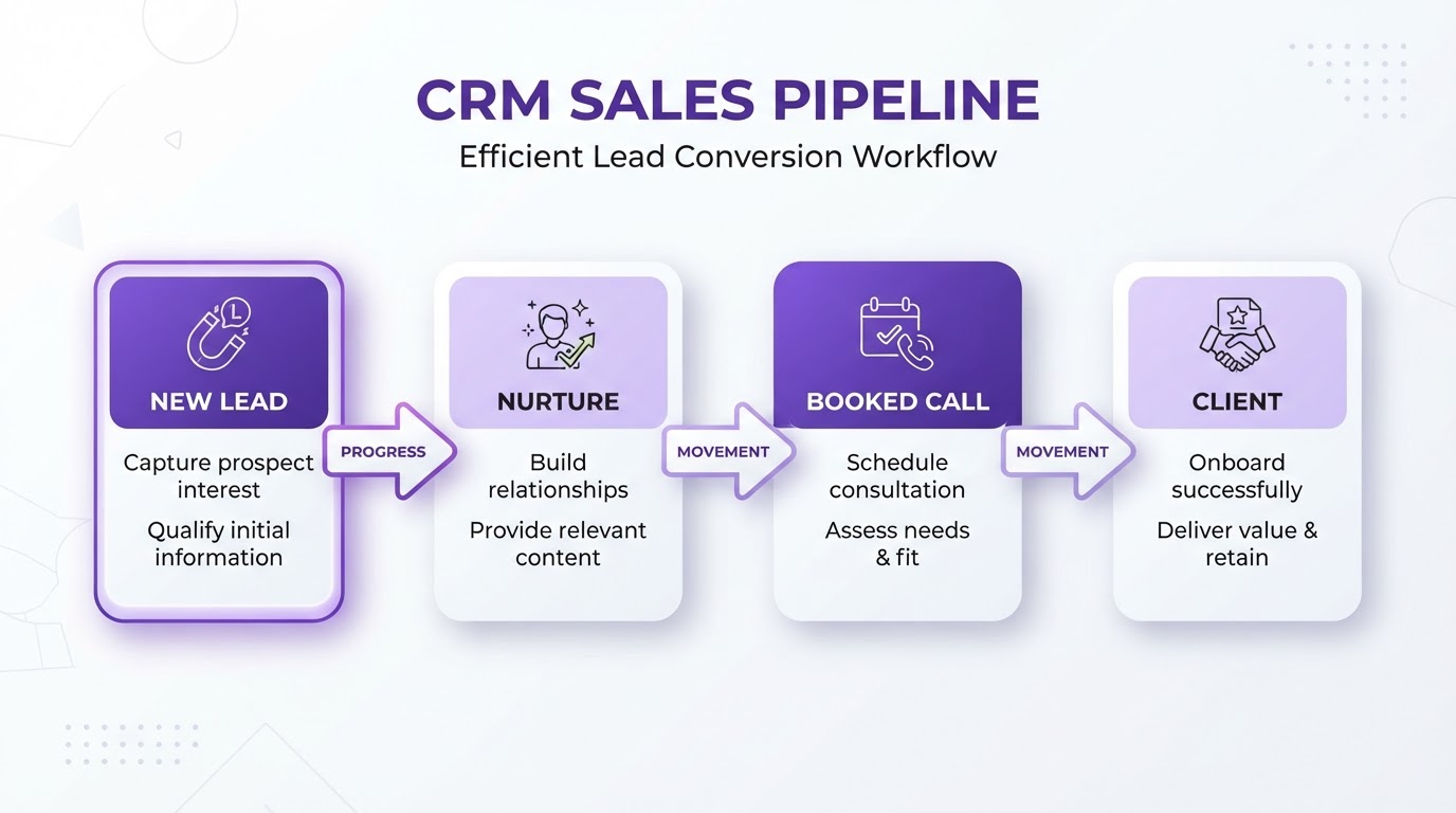 CRM stage cards moving from new lead to nurture, booked call, and client