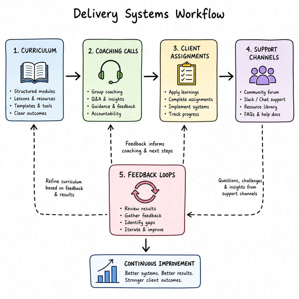 delivery systems workflow diagram showing curriculum, coaching calls, client assignments, support channels, and feedback loops