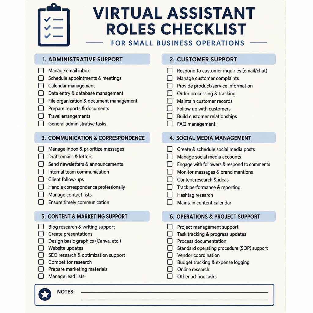 Virtual assistant roles checklist for small business operations