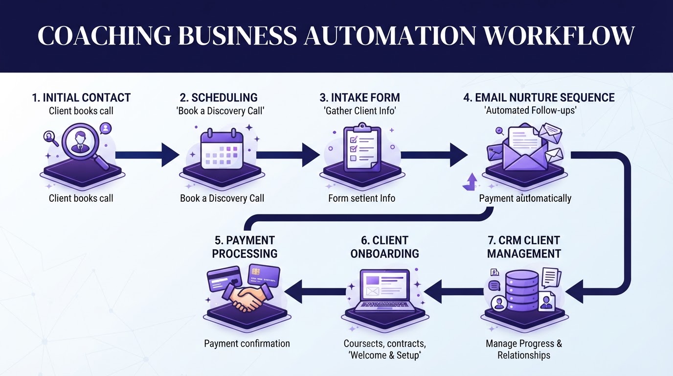 Coaching Business Automation Workflow Diagram showing scheduling, intake, payments, welcome sequences, and CRM client management