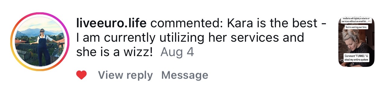 liveeuro.life Instagram comment: Kara is the best - I am currently utilizing her services and she is a wizz!