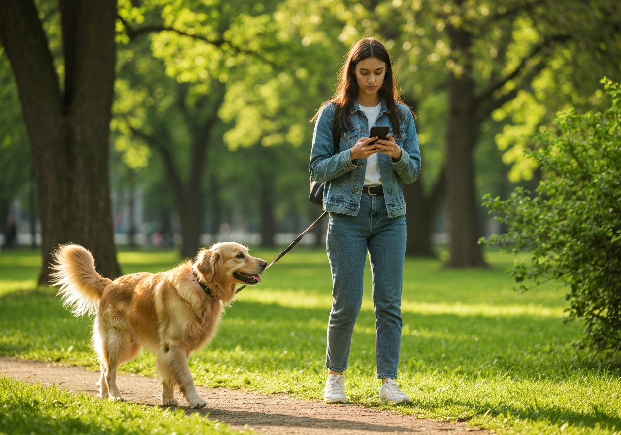 Dog owner with phone