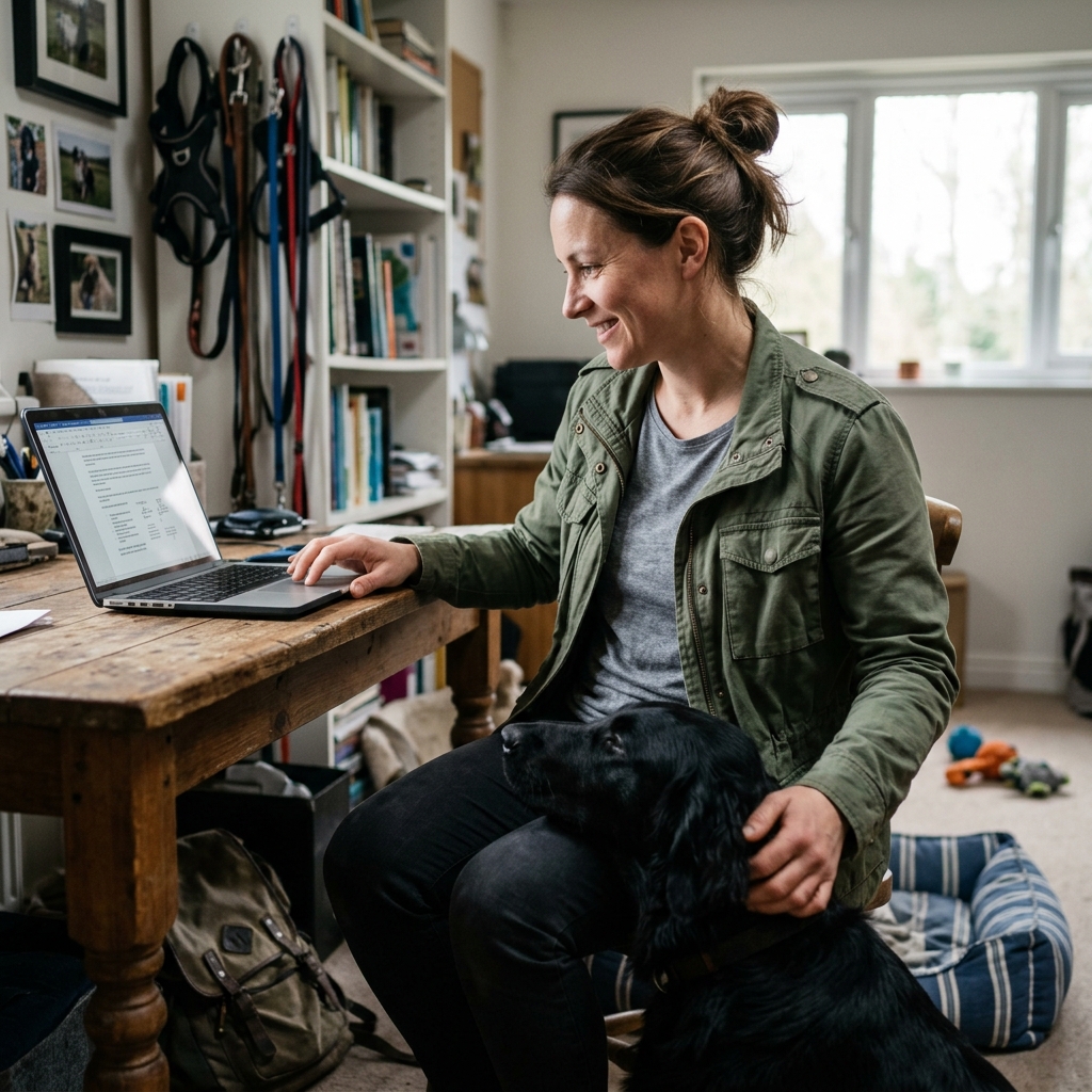 Dog trainer working on laptop with dog
