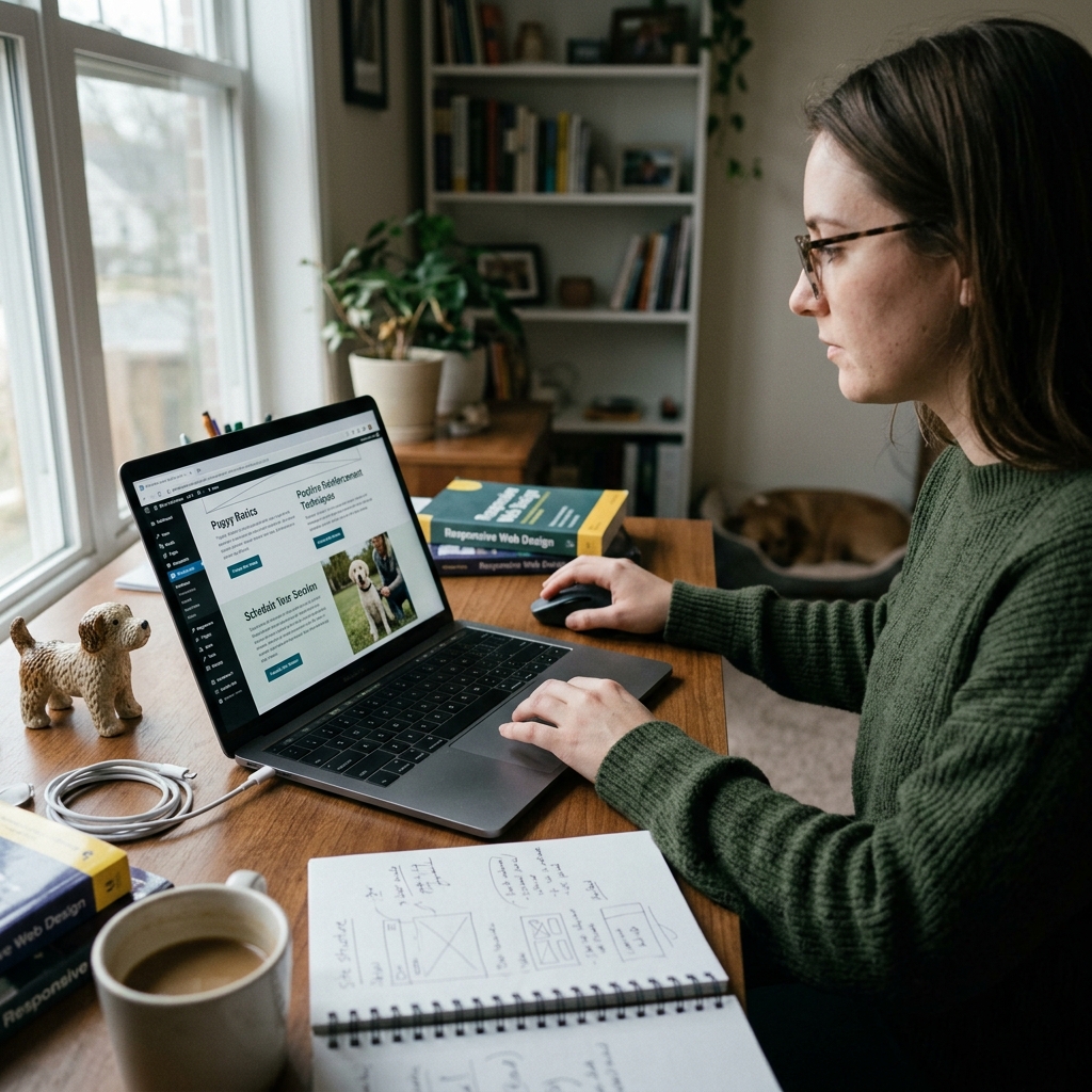 Dog trainer working on laptop