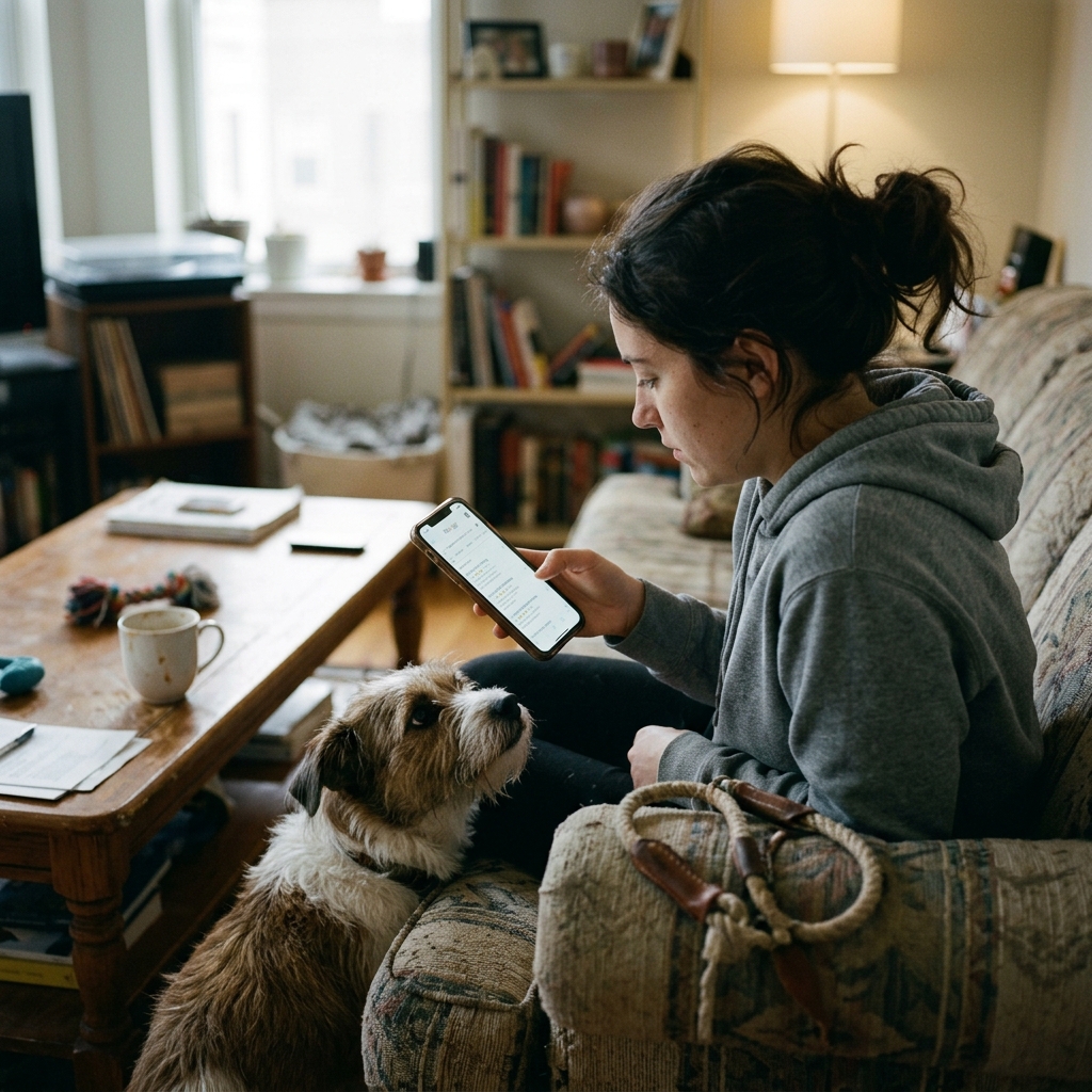 Dog owner searching on phone