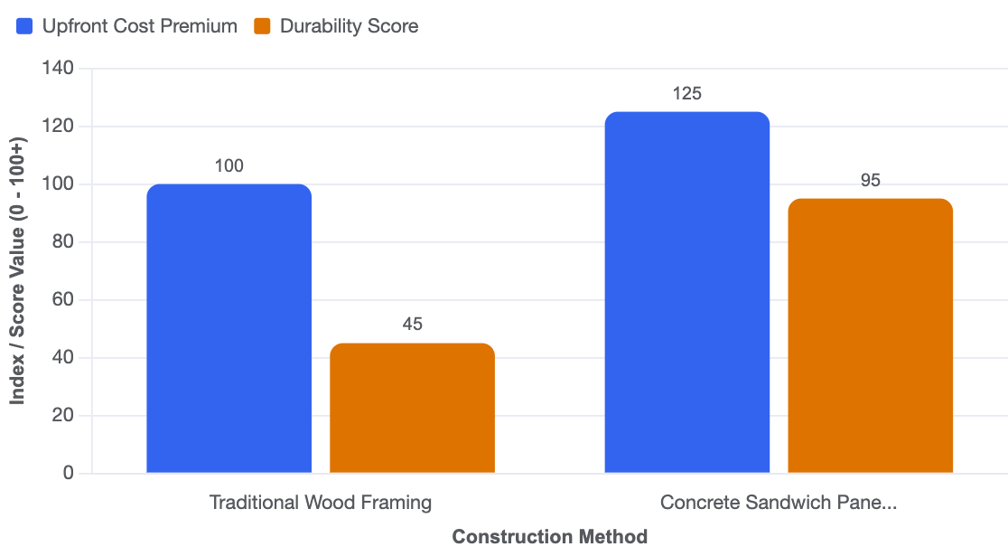 Side-by-side comparison chart between Traditional Wood Framing and Concrete Sandwich Panels