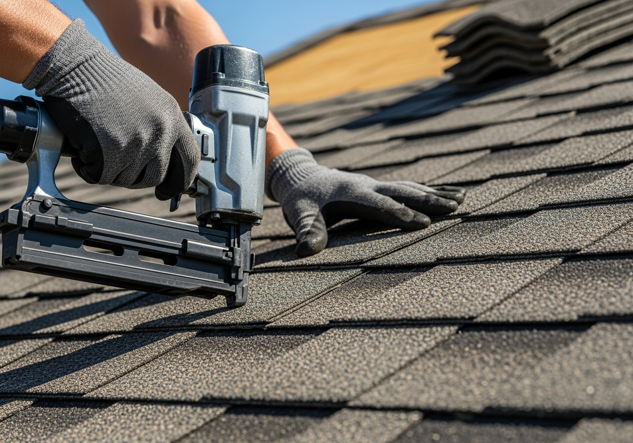 Close-up of professional roofing craftsmanship on premium asphalt shingles