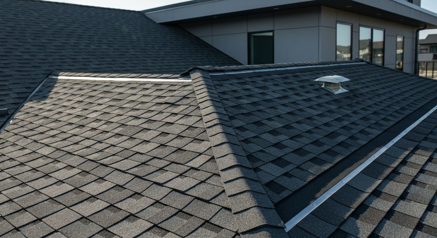 Close up of high quality asphalt shingle roof installation