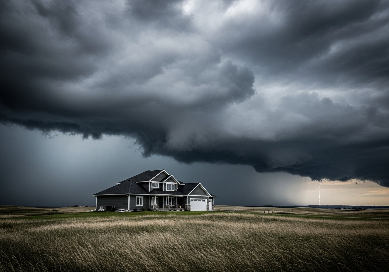 House under a stormy Saskatchewan prairie sky demonstrating the need for weather-resistant roofing