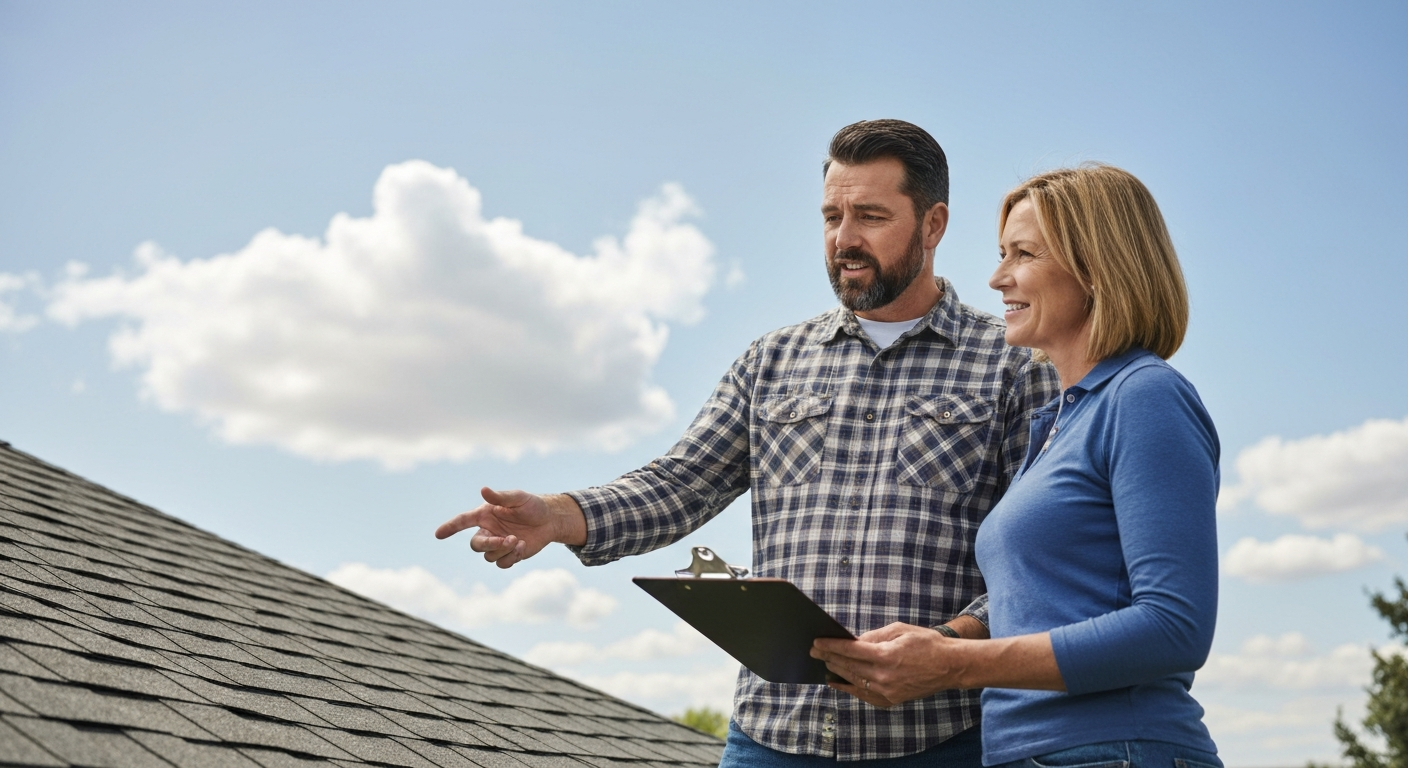 Roofing contractor discussing plans with a homeowner