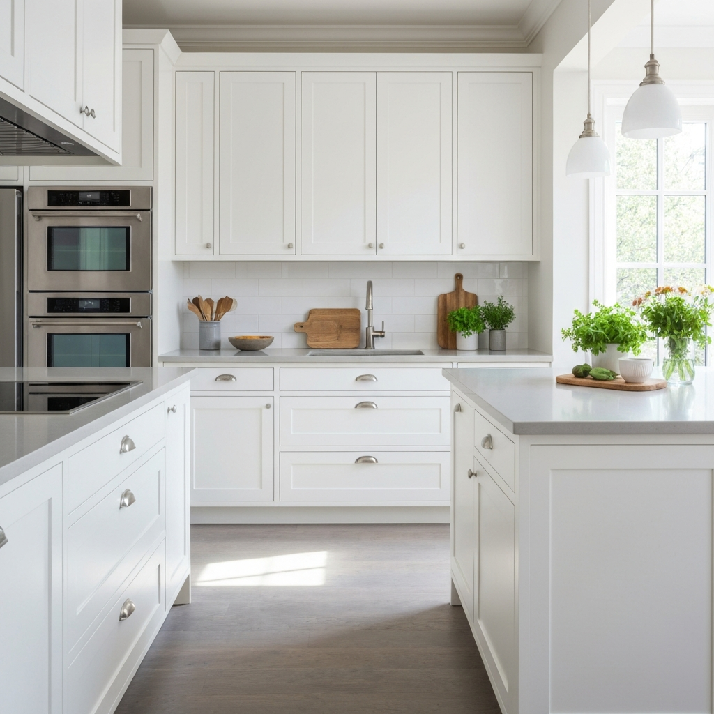 Freshly painted modern white kitchen cabinets