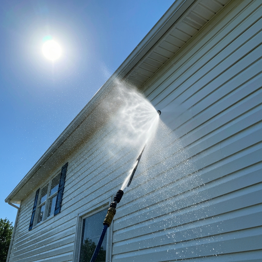 Professional power washing home exterior