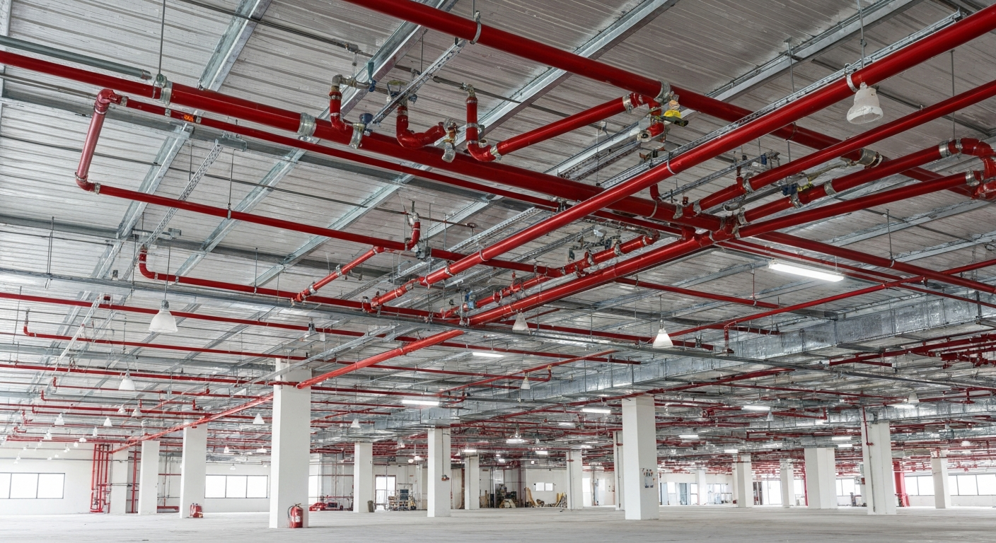 Fire suppression sprinkler system installation with red pipes