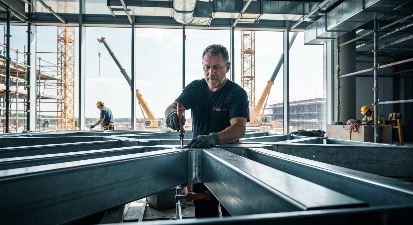 Sheet metal worker fabricating HVAC ductwork