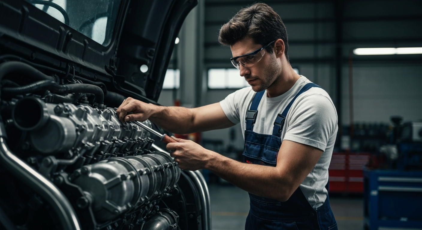 Diesel mechanic working on a semi-truck engine