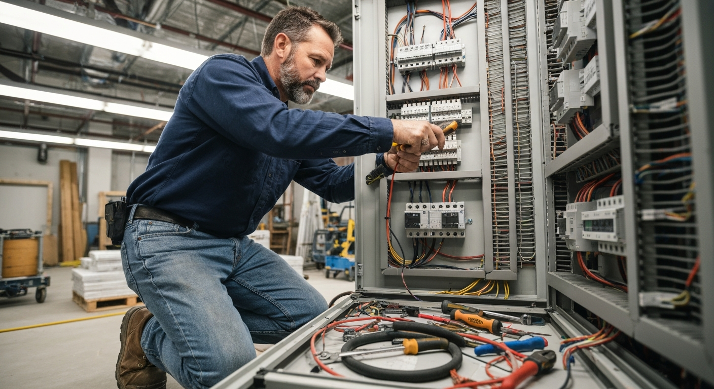 Electrician working on a commercial electrical panel