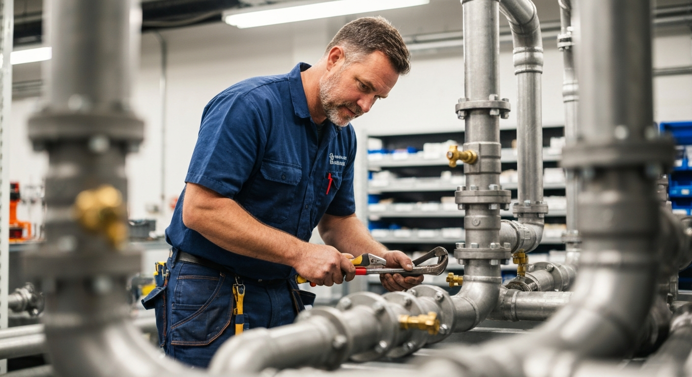Plumber working on pipes