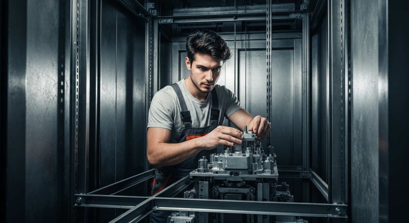 Elevator Install/Repair professional working in an elevator shaft