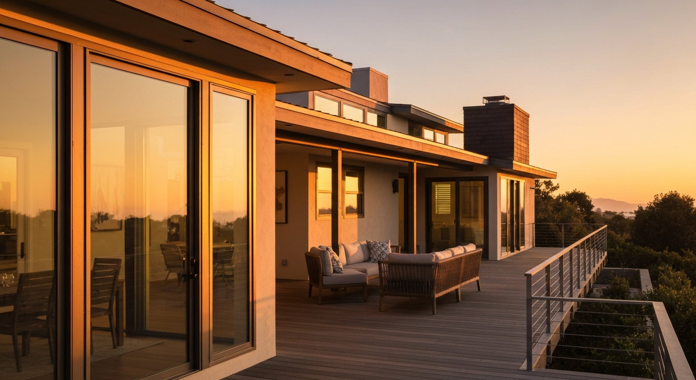 Modern home exterior with deck