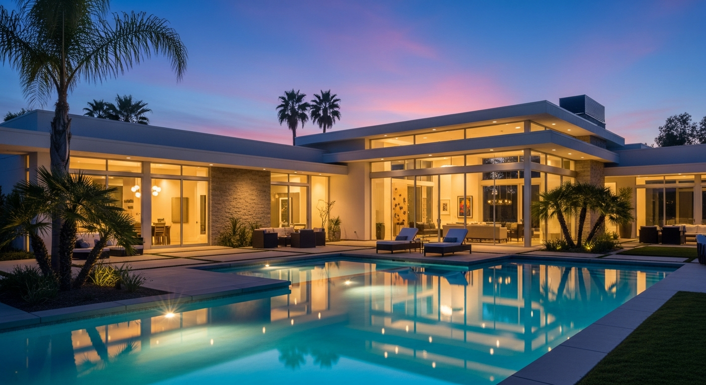 Luxurious modern home exterior with a glowing swimming pool