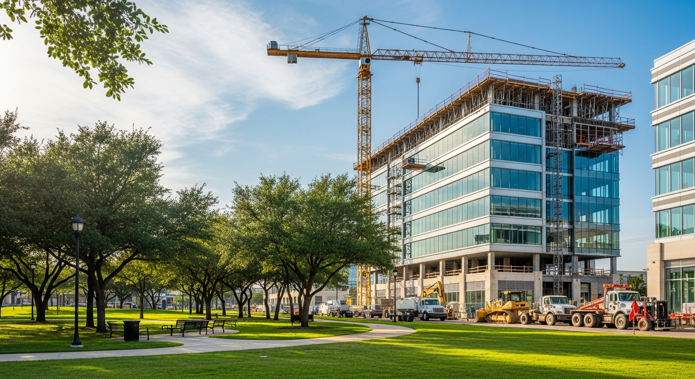 Texas commercial infrastructure with park, 5-story office building, and construction crane