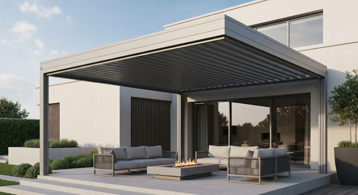 Sleek modern aluminum patio cover providing solid shade