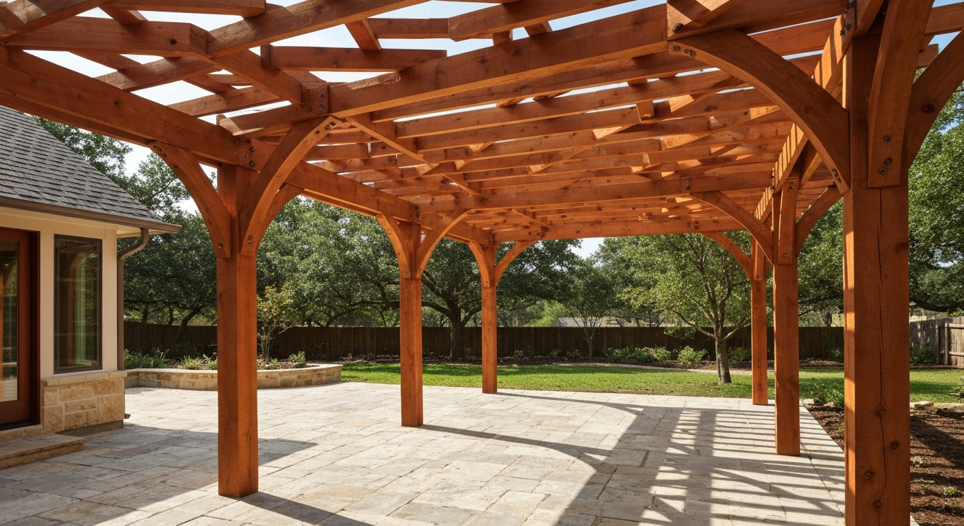 Beautiful rustic Western Red Cedar wood pergola over a stone patio