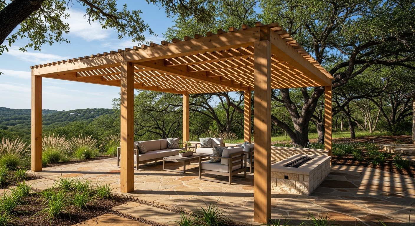 Beautiful modern wood pergola over a stone patio in a sunny backyard