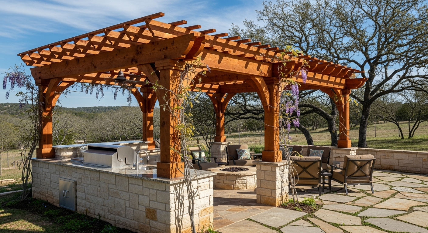 Beautiful custom wood pergola over an outdoor kitchen and stone patio in Texas Hill Country