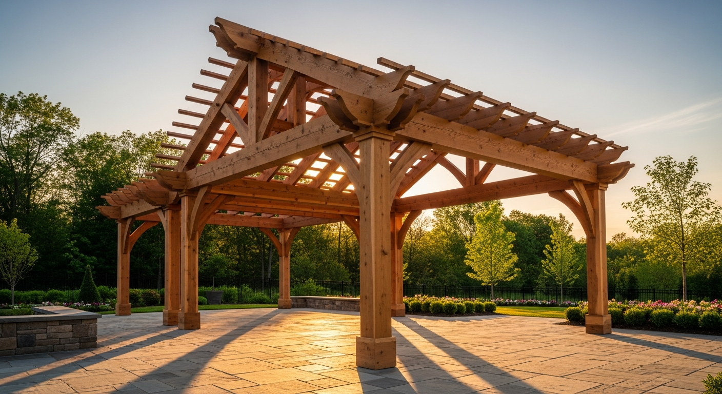 A beautiful, sturdy cedar wood pergola structure in a spacious backyard