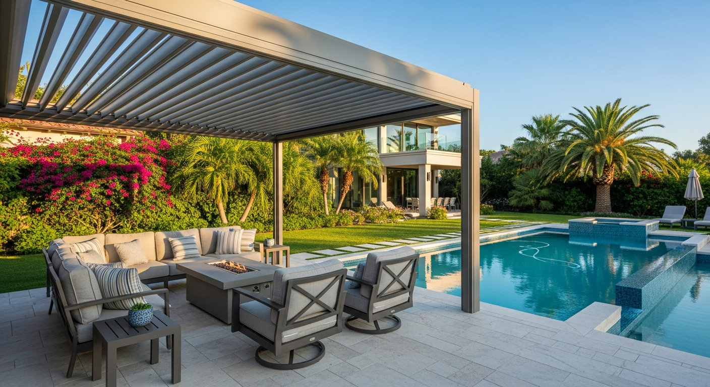 Luxurious backyard with a modern aluminum louvered pergola