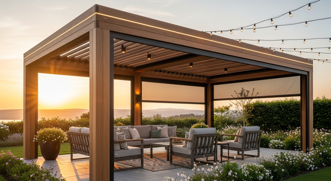 Beautiful modern outdoor living space featuring a rich wood pergola with sleek metal accents