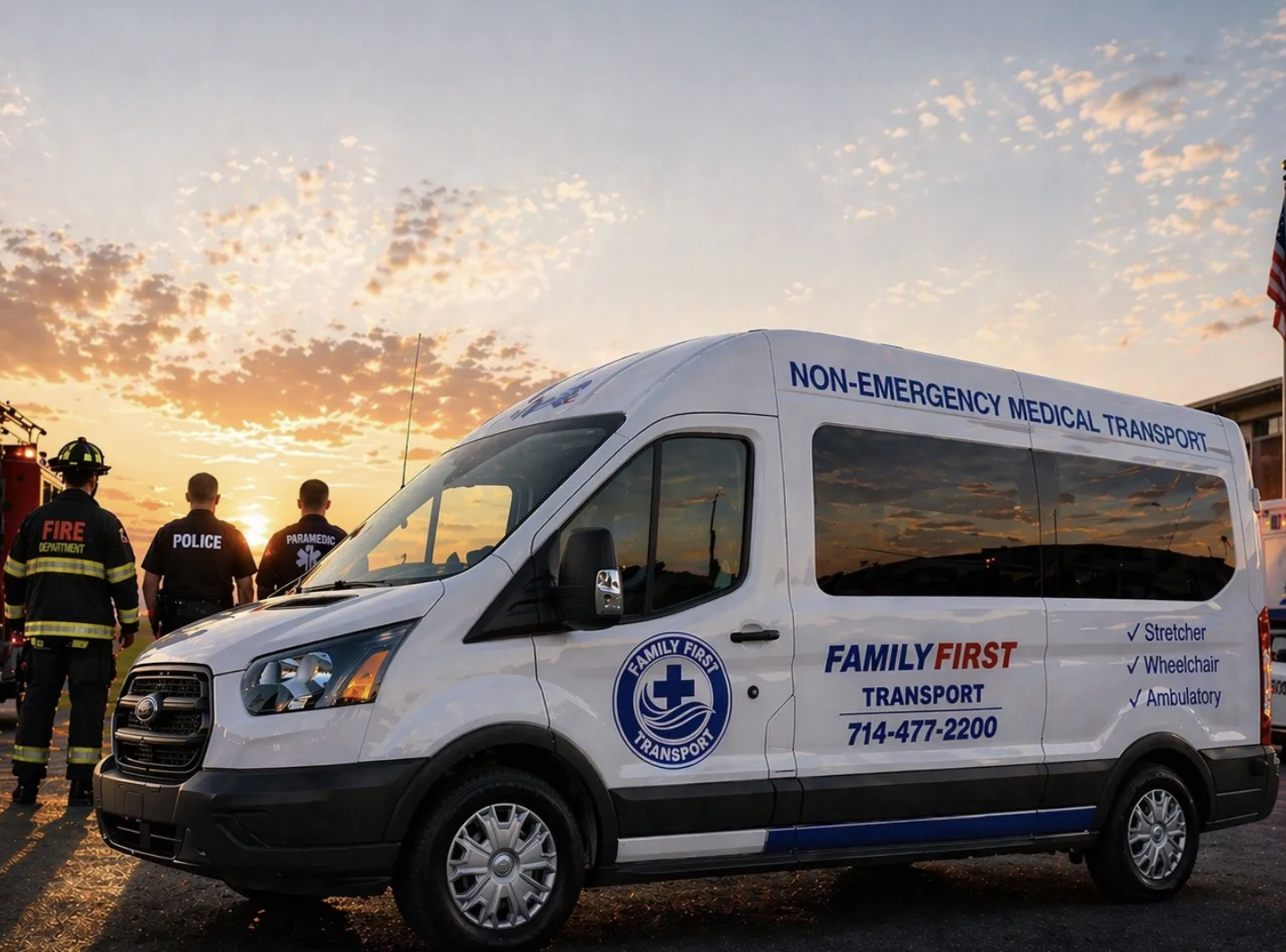 Compassionate medical transport driver assisting a senior
