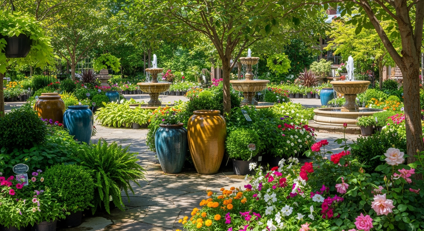 Shades of Green Nursery in Celina TX featuring plants, pottery, and fountains