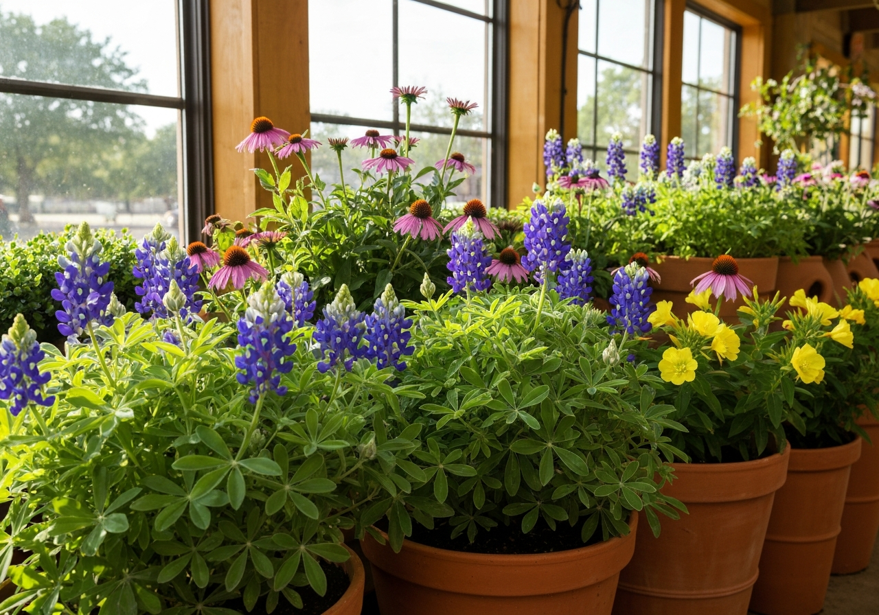 Shades of Green garden center showing native plants and pottery in Celina TX