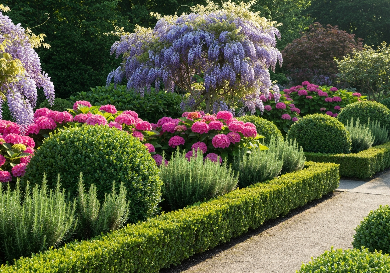 Flowering and evergreen shrubs for year-round structure